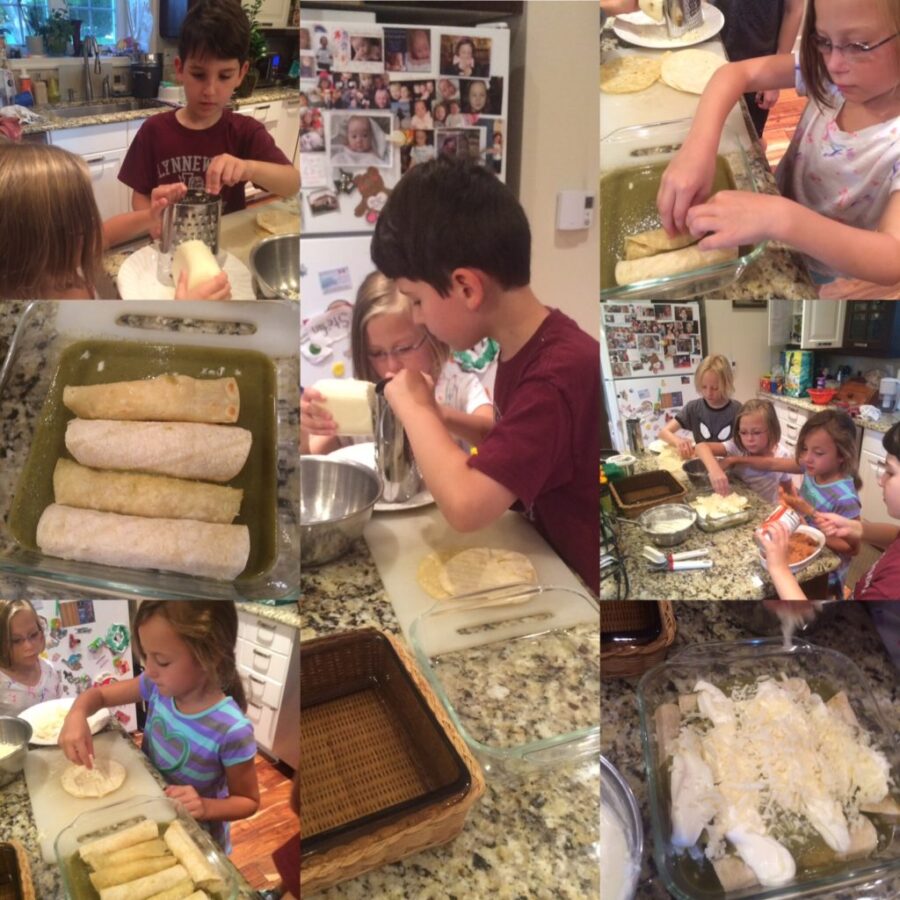 Kids making chicken enchiladas.