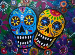 Here's an alt tag for the image: Colorful Sugar Skulls, Day of the Dead art.