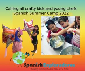 Here's an alt tag for the image: Spanish Summer Camp 2022: kids crafting and cooking.